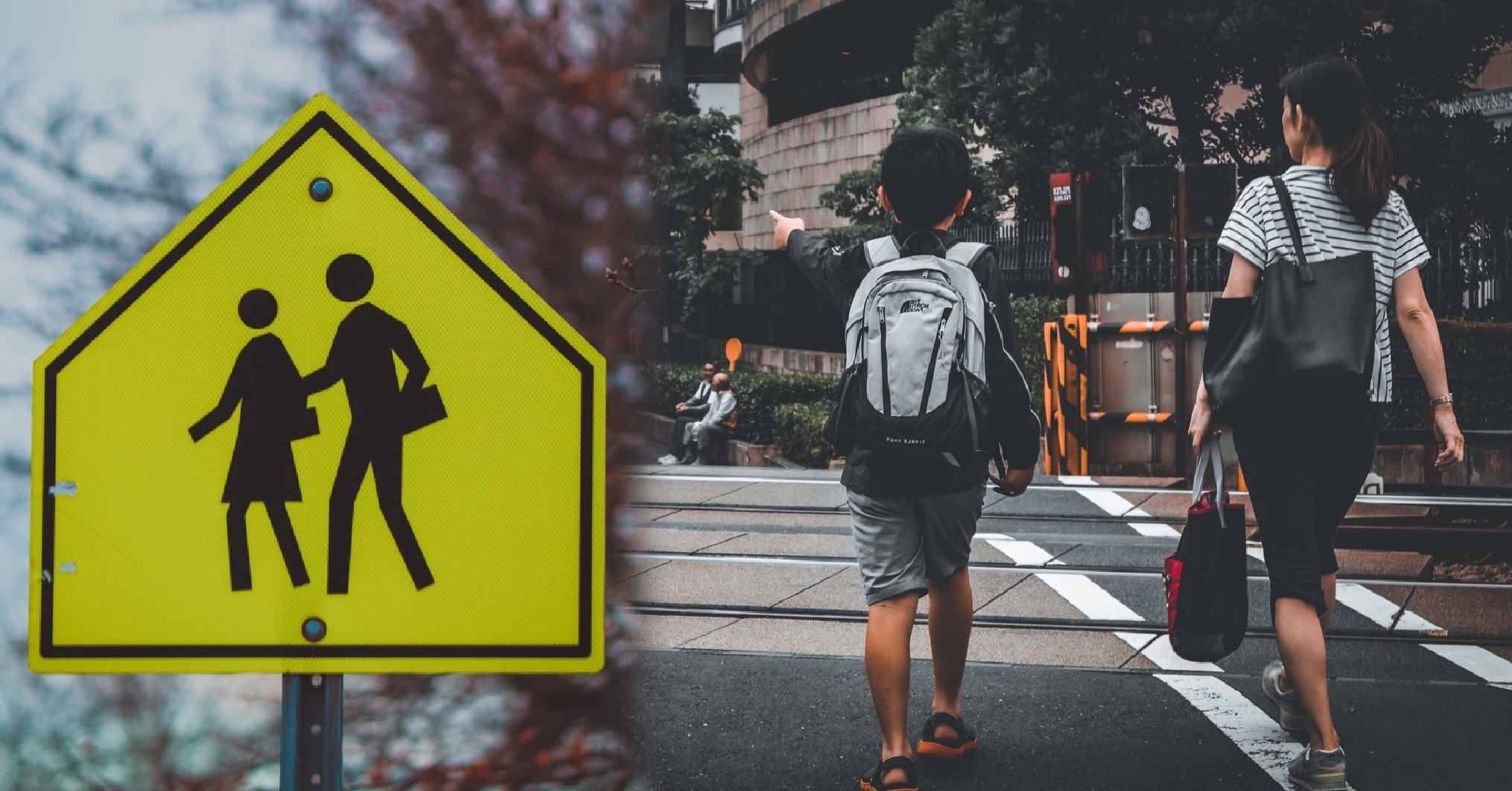 yellow school zone sign and kids crossing a crosswalk