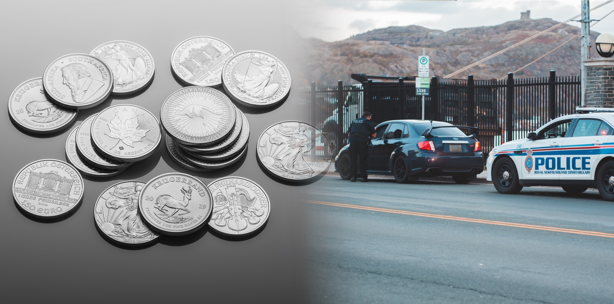 A pile of coins and a pulled over car
